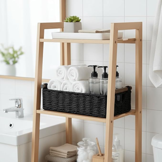 CubesLand Small Wicker Toilet Basket Tray Organizer W/Cut Out Handle | Handwoven Slim Decorative Basket for Countertop, Shelves And for Rustic Home Decor, Living Room, Nursery Organization, Black
