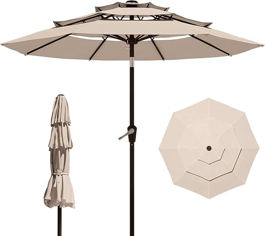 9FT 3 Tiers Patio Umbrella With Auto Tilt And Crank, Outdoor Table Market Umbrella with 8 Sturdy Ribs for Garden, Lawn, Deck, Backyard and Pool