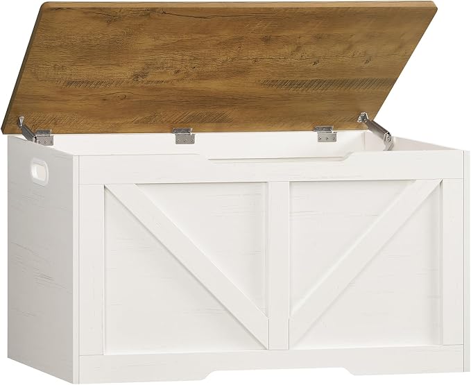 usikey 39.4" Storage Chest, Toy Box with 2 Safety Hinges, Lift Top Wooden Toy Chest, Storage Bench, for Living Room, Bedroom, Entryway, White+Honey Brown