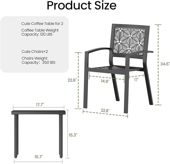 BUPPLEE 3 Piece Patio Bistro Set, Outdoor Steel Furniture Set, Stackable Modern Conversation Sets for Balcony Garden Deck Patio w/2 Chairs 1 Table, Black