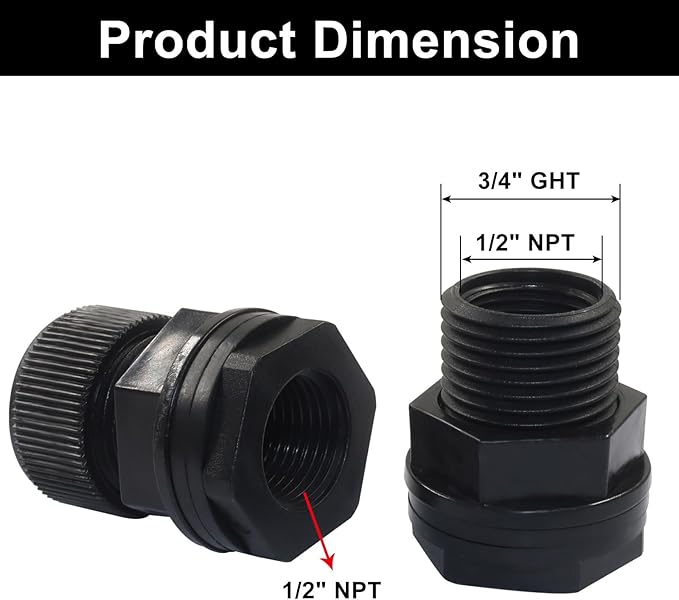 Hordion 2PCS Garden Hose Bulkhead Fitting with Plug, 1/2" Female NPT, 3/4" Male GHT (Garden Hose Thread) Bulkhead Tank Fitting for Rain Barrels Water Tank Pond Aquarium Tub Pool Sink