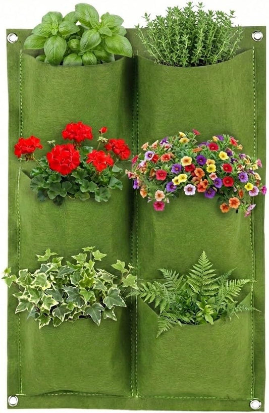 WFIST Vertical Hanging Planter Bag, Breathable Felt Wall Garden Planter with Metal Grommets, Indoor/Outdoor Space-Saving Herb & Flower Growing Pouch (6-Pocket)