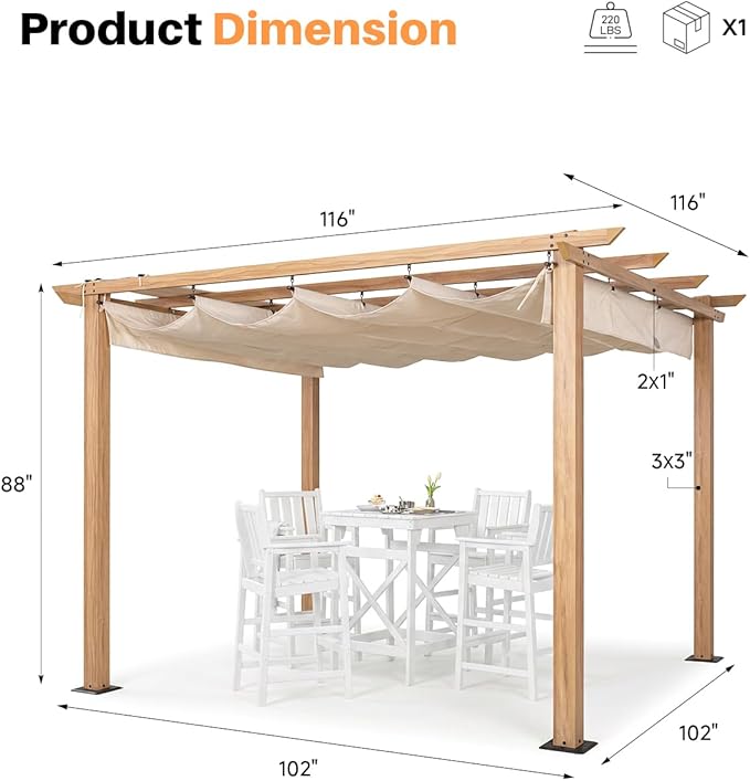 10' X 10' Faux Wood Grain Aluminum Outdoor Retractable Pergola Canopy, Patio Pergola Outdoor Pergola with Sun Shade Canopy, Metal Gazebo with Adjustable Canopy Roof for Backyard Beach, Beige