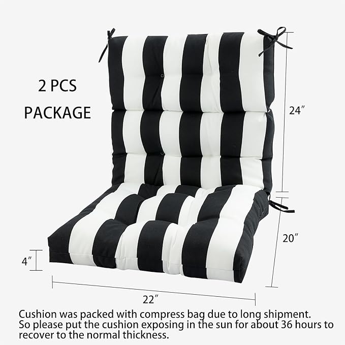 Magpie Fabrics Indoor Outdoor Tufted High Back Chair Cushion Set of 2, Waterproof All-Weather Deep Seating Rocking Chair Patio Chaise Lounge Sun Lounger Chair Cushions (Black White)