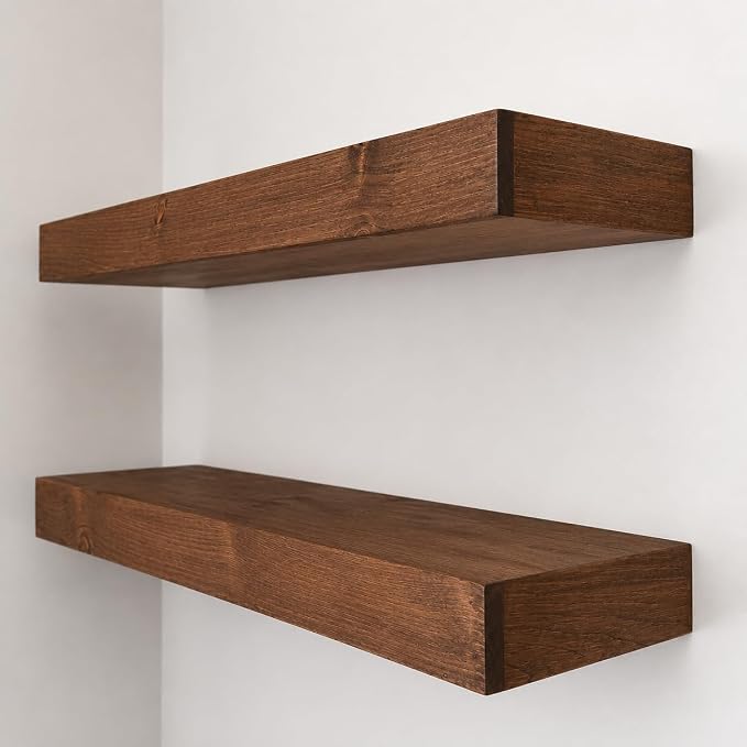 Urbandi Modern Floating Shelves 3 Inches Thick for Wall, Wide Shelves for Kitchen, Living Room, Bedroom, and Bathroom, Natural Pine Wood, Rustic Wooden Shelf, (Set of 2) (Provincial, 36Lx3Hx8D)