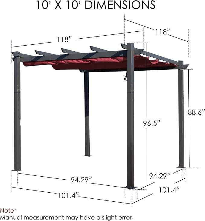 Kozyard Morgan Outdoor Retractable Pergola with Sun Shade Canopy Patio Aluminum Pergola Shelter for Backyard Deck Garden Modern Metal Grill Gazebo (10' x 10', Burgundy)