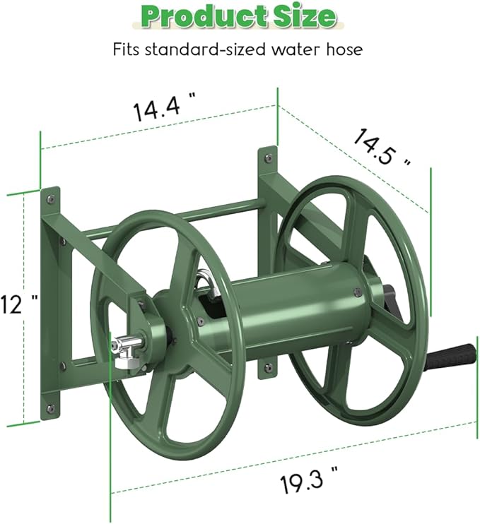 Garden Hose Reel Wall Mounted, Heavy-Duty Water Hose Holder Winder with 3.9 ft Leader Hose & Brass Fitting, Hose Hanger Storage Rack Holds 125-Feet of, 5/8-Inch, for Yard Lawn Farm, Green
