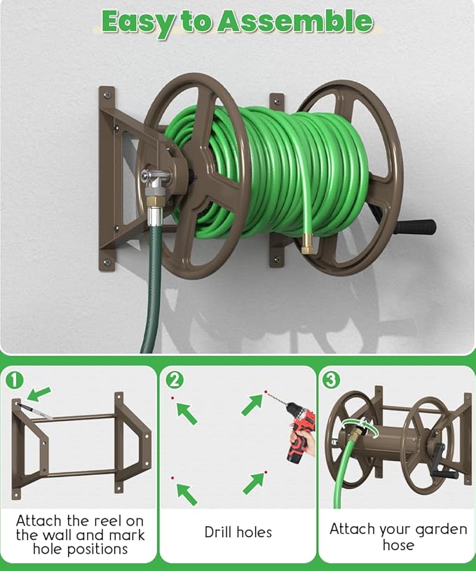 Garden Hose Reel Wall Mounted, Heavy-Duty Water Hose Holder Winder with 3.9 ft Leader Hose & Brass Fitting, Hose Hanger Storage Rack Holds 125-Feet of, 5/8-Inch, for Yard Lawn Farm, Brown