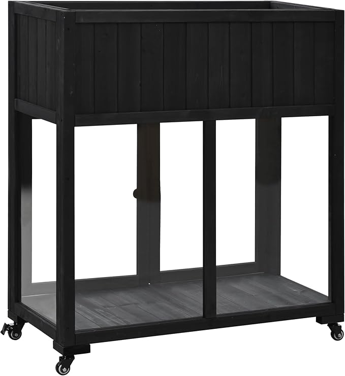 Polibi Patio Mini Wood Cold Frame, Compact 2 Doors Garden Greenhouse with Wheels, Raised Bed with Liner for Indoor Outdoor Use,35.4''x17.7''x37.4'',Black