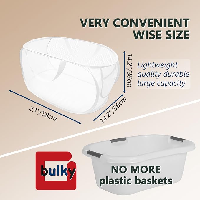 Collapsible Laundry Hamper Basket,Pop Up Mesh Foldable Bag for Laundry Room | folding horizontal laundry durable baskets with handles & side pocket travel for bathroom,Kids room,college dorm(White)