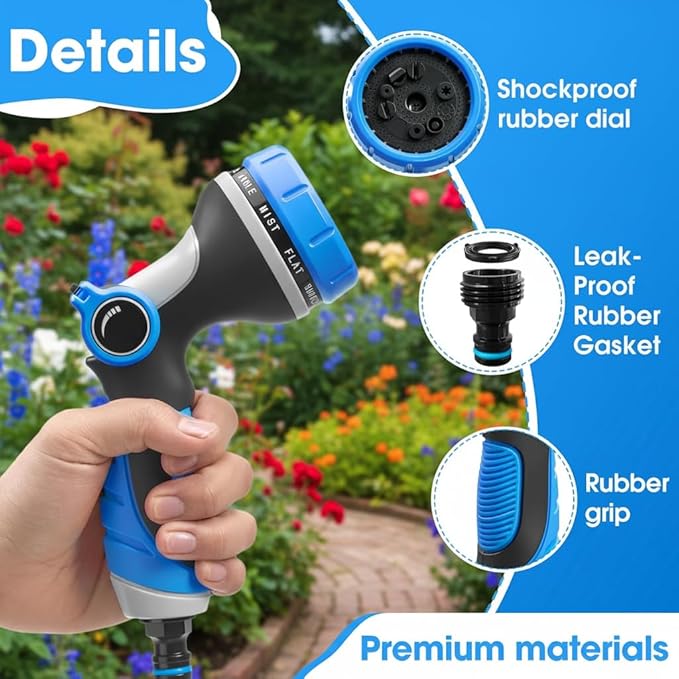 Garden Hose Nozzle,Hose Spray Nozzle with Adjustable 10 Watering Patterns,Slip Resistant High Pressure Water Hose Nozzle Sprayer for Plants & Lawns Watering,Car Washing and Pet Showering