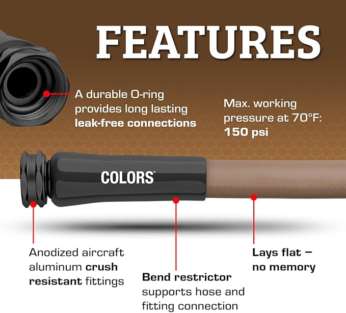 Flexzilla Colors Lead-In Garden Hose 5/8in. x 5ft., Lightweight All-Weather Water Hose, Durable and Flexible, Leak-Free Connections, Brown Mulch