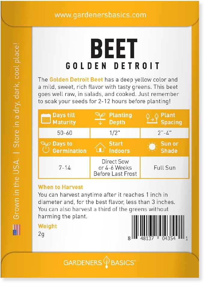 Gardeners Basics, Beet Seeds for Planting Golden Detroit Heirloom Non-GMO Golden Beets Plant Seeds for Home Garden Vegetables Makes a Great Gift for Gardeners