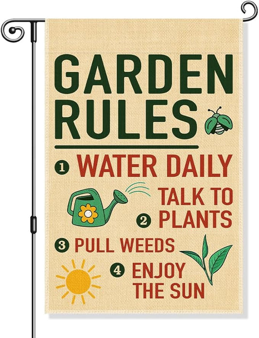 Garden Rules Double Sided Garden Flag, Funny Sping Yard Sign for Outside, Gardening Gifts for Nature Lover, Spring Shed Lawn Porch Farmhouse Patio Outdoor Decor Banner, Planting Lover Gifts