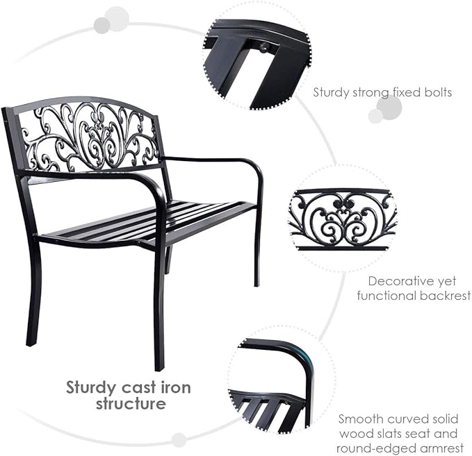 Giantex 50" Patio Garden Bench, Loveseats Park Yard Furniture, Black Steel Cast Iron Frame Chair, Metal Bench Outdoor with Floral Scroll Pattern
