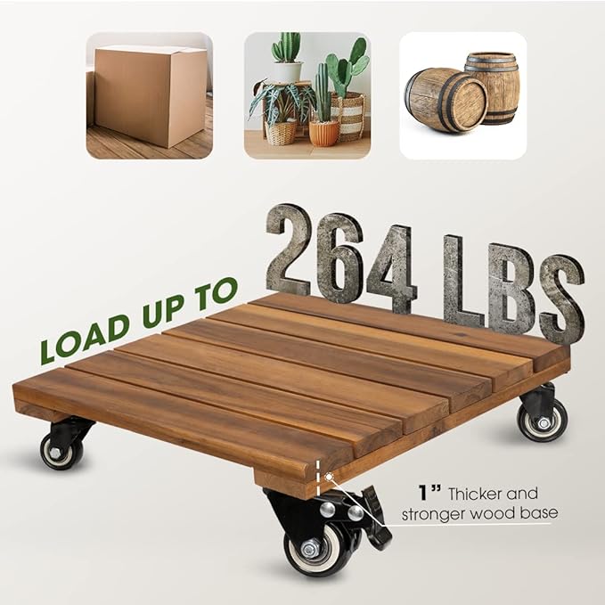2-Pack 14 Inch Wood Plant Caddy with Wheels Heavy Duty, 264 lbs Acacia Hardwood Plant Caster Dolly Rolling Stand with 360° Lockable Wheels for Heavy Plant Pots and Outdoor Use