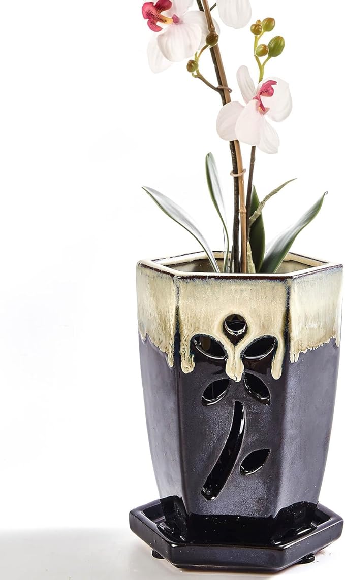 vensovo 4 Inch Ceramic Orchid Pot with Holes and Saucer, 1 Pc Small Hexagon Succulent Planter for Repotting, Garden Flowerpot for Indoor Outdoor Plants, Promotes Air Circulation (Black Mixed)