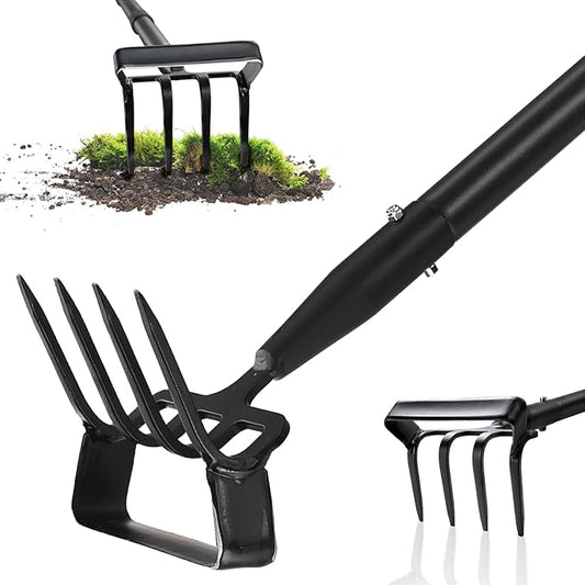 Stirrup Hoe, Heavy Duty Hula Hoe with 32-62" Adjustable Long Handle, 2 in 1 Action Hoe with Cultivator Rake, Scuffle Hoe, Hula Hoe Garden Tool for Weeding Grass, Loosening Soil, Sharp Blade, Black