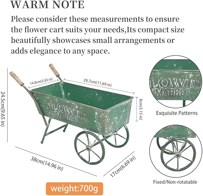 15 Inch Farmhouse Small Flower Cart with Wooden Handles Metal Wagon Planters for Outdoor Plants Decorative Wheelbarrow Plant Cart for Patio Garden Balcony Green