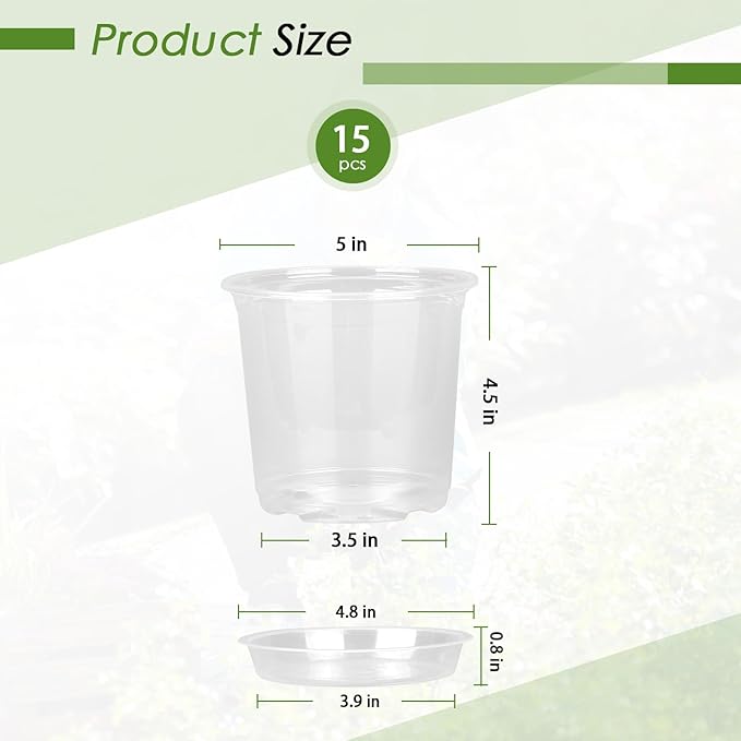 FUIJOL 5 Inch Clear Nursery Pots for Plants with Sacuers 15 Pack, Plastic Flower Pots with Drainage Holes, Variety Pack Seedlings Garden Pot for Indoor Outdoor (5 inch)