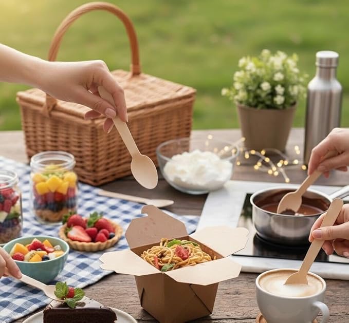 MATANA - 100% Natural Disposable Bamboo Wooden Spoons 6.3" Inch (200 Pack) - Compostable Cutlery, Biodegradable Utensils for Garden Parties & Summer Events