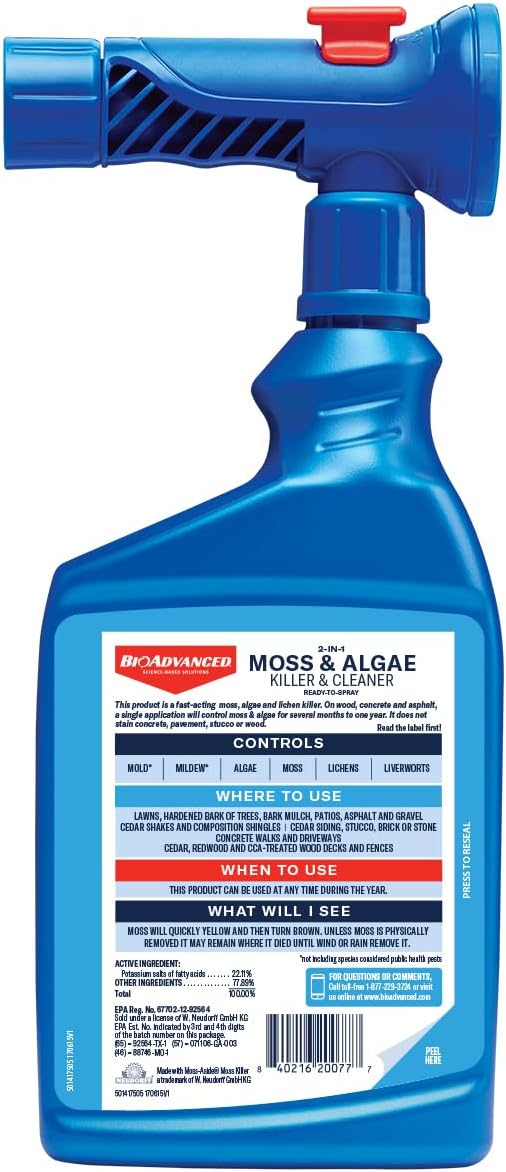 BioAdvanced 2-in-1 Moss and Algae Killer and Cleaner, Ready-to-Spray, 32 oz, 500 SQ FT | Ready-to-Spray - Use on Lawns, Ornamental Gardens, and Patios - Deck Cleaner - Up to 1 Year Protection