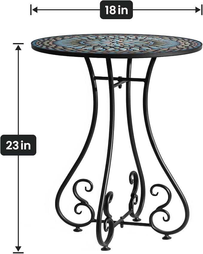 18" Round End Table, Unique Relief Ceramic Tile Tabletop with Metal Frame, Metal Scrollwork Accent Outdoor Side Table