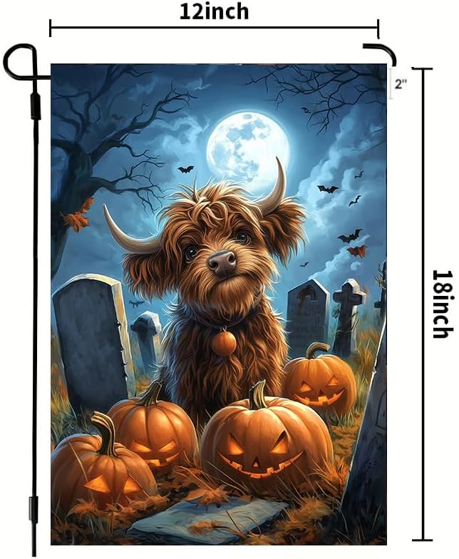 Happy Halloween Garden Flag 12x18 Double Sided, Small Burlap Holiday Graveyard Pumpkin High Cow Garden Flags for Outside Halloween Decorations Outdoor Yard Lawn Porch Décor