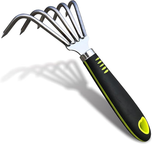 SHANFEEK Garden Rake 5-Claw Landscape Dethatcher Thatching Beach Combing Rake for Digging Clam Shell Defoliation Hoe Garden Tool for Loosen The Soil (Green)