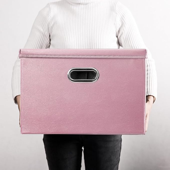 PRANDOM Large Collapsible Storage Box with Lid [1-Pack] Leather Fabric Foldable Storage Bin Organizer Container Basket Cube with Cover for Home Bedroom Closet Office Nursery Pink (17.7x11.8x11.8)