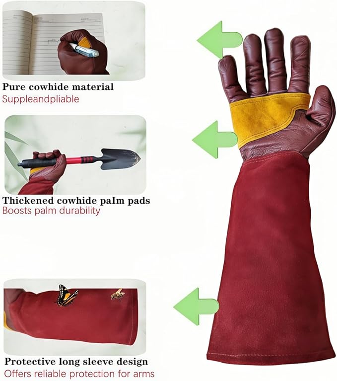Gardening Gloves for Rose and Cactus Handling,Cow Leather Garden Gloves Thorn Proof,Gardening Gifts for Womens/Mens