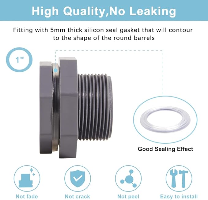 Ququyi 1 Inch PVC Bulkhead Water Tank Connector Adapter Fitting with Plugs Thru-Bulk Pipe Fitting for Rain Barrels, Aquariums, Ponds(Set of 1)
