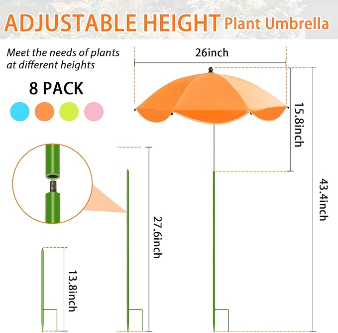 MJZ 8 Pack Plant Umbrellas for Outdoor Plants, 26" Garden Umbrella for Plants with Adjustable Angle, Plant Umbrella Provide Shade for Outdoor Plants Flower Pot Planting Beds