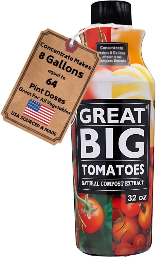 Great Big Tomatoes Soil & Fertilizer Booster for Big Vegetable Yields, Better Fertilizer & Plant Food Efficiency, and Garden Performance. Perfect for Beginners. 32 Ounce Concentrate (Makes 8 Gallons)