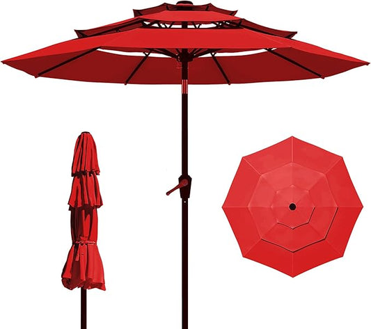 9FT 3 Tiers Patio Umbrella With Auto Tilt And Crank, Outdoor Table Market Umbrella with 8 Sturdy Ribs for Garden, Lawn, Deck, Backyard and Pool