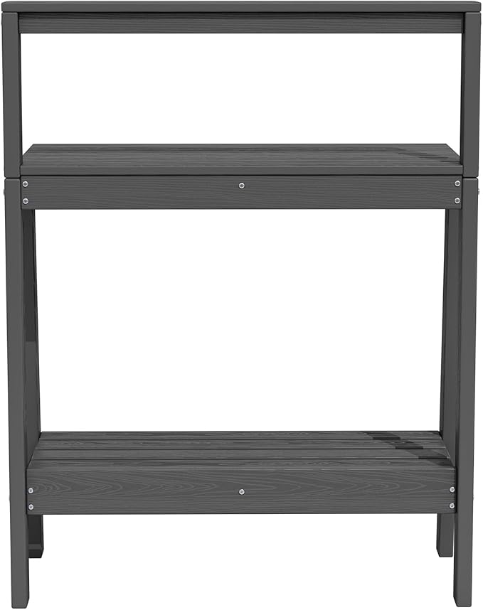 SERWALL Potting Bench Outdoor with Storage, 3-Tier HDPE Gardening Table with Angled Legs & Tool Hooks, All-Weather Heavy Duty Potting Table for Patio, Backyard, Garden, Gray