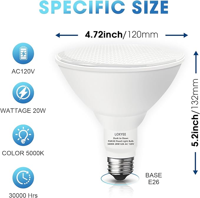 4 Pack LED PAR38 Dusk to Dawn Flood Light Bulbs Outdoor ，20W(200W Equivalent) E26 Base Flood Light Bulbs,5000K Daylight 1800 Lumens LED Flood Light for Outdoor Garden,Garage,Yards