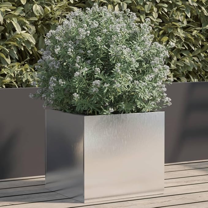 Stainless Steel Rectangular Planter for Small Plants Modern Design Indoor Outdoor Use Large Size 12.6x11.8x11.4 Inches Polished Finish Durable Rust Resistant