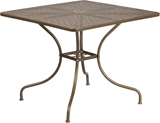 Flash Furniture Oia Commercial Grade 35.5" Square Gold Indoor-Outdoor Steel Patio Table with Umbrella Hole
