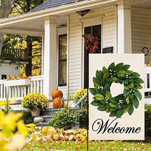 Baccessor Wreath Spring Garden Flag Magnolia Leaves Welcome Small Yard Flag 12.5 X 18 Inch Double Sided Burlap Summer Flag for Outside Decor