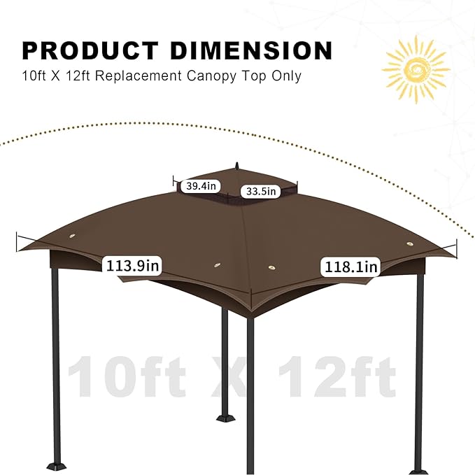 10x12 Gazebo Canopy Replacement Top Cover, Double Tiered Waterproof Canopy Roof for Lowe's Allen Roth Gazebo #GF-12S004B-1