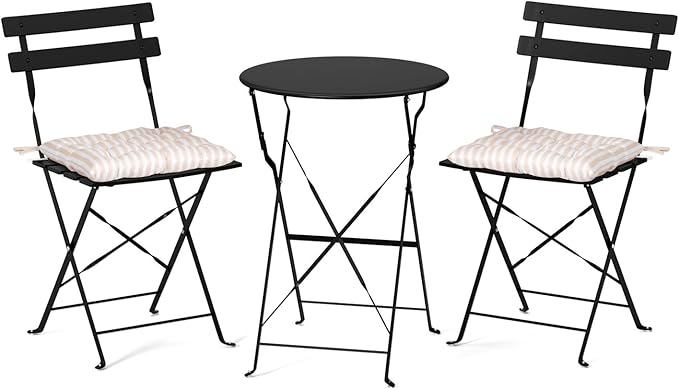 VINGLI Outdoor Folding Bistro Table and Chairs Set, 3-Piece Patio Bistro Set with 2 Chairs and Table, Metal Folding Bistro Set with Cushions for Patio, Balcony, Garden, Porch, Black