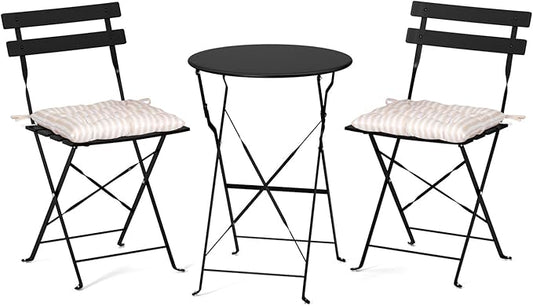 VINGLI Outdoor Folding Bistro Table and Chairs Set, 3-Piece Patio Bistro Set with 2 Chairs and Table, Metal Folding Bistro Set with Cushions for Patio, Balcony, Garden, Porch, Black
