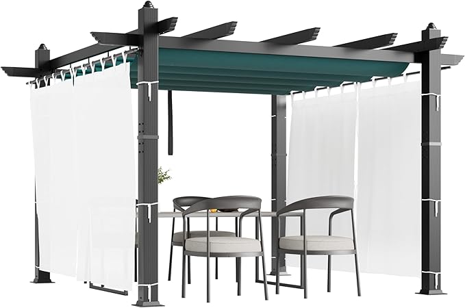 GarveeTech 10x10 ft Pergola Gazebo with Adjustable Canopy, Heavy-Duty Aluminum Sun Shelter with Faux Wood Finish for Outdoor Patio, Deck & Garden, Blue+White