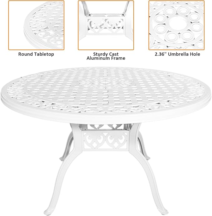 48" Cast Aluminum Outdoor Dining Table,Dining Conversation Side Table, Patio Bistro Table with 2.36" Umbrella Hole for Backyard, Garden, Patio, Porch