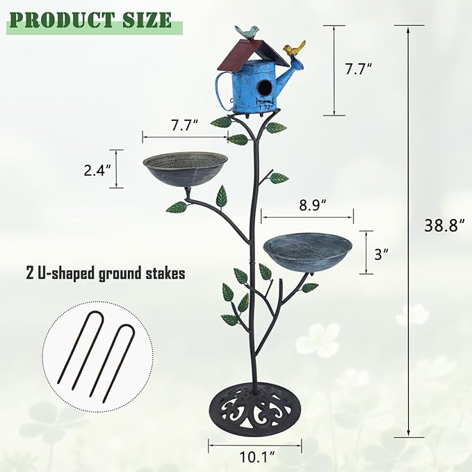 Metal Birdhouse Outdoor, Birdhouse Pole – Integrates Bird Feeder and Bird Bath, 3-in-1 Multi-Functional for Yard Decorations Outdoor, Cast Iron Base