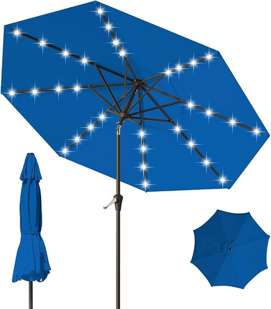 9FT Patio Umbrella with Solar Lights,Outdoor Market Umbrella with Tilt and Crank, LED Lighted Table Umbrella for Garden,Deck,Backyard,Pool,Beach