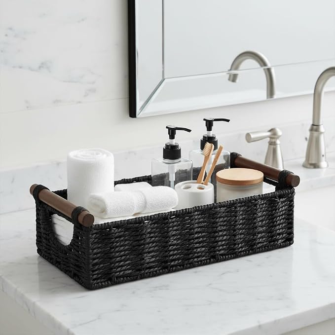 CubesLand Small Wicker Toilet Basket Tray Organizer W/Cut Out Handle | Handwoven Slim Decorative Basket for Countertop, Shelves And for Rustic Home Decor, Living Room, Nursery Organization, Black