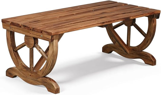 Outvita 39'' Outdoor Wooden Bench, 2-Person Rustic Wagon Wheel Bench with Slatted Seat and Carbonized Fir Wood Construction, Weather-Resistant Garden Bench for Patio, Porch and Backyard(Light Brown)