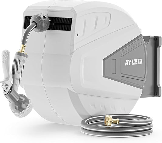Ayleid Retractable Garden Hose Reel,1/2 in x 130 ft Wall Mounted Hose Reel, with 9- Function Sprayer Nozzle, Any Length Lock/Slow Return System/Wall Mounted/180°Swivel Bracket (Gray)